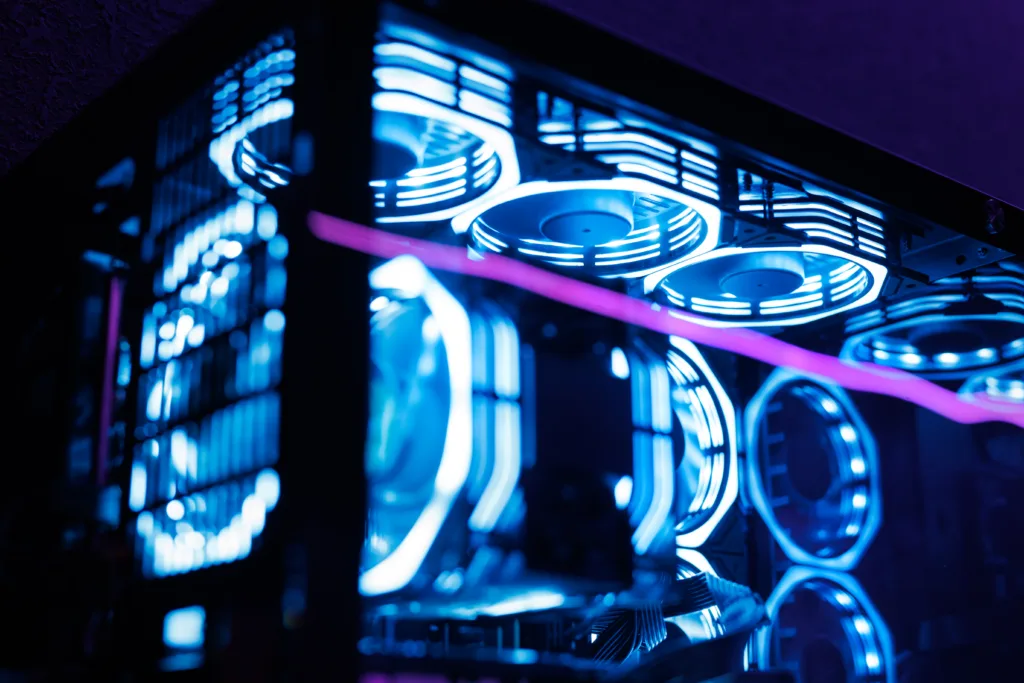 Professional gaming PC with a headset in the computer club for gamers
